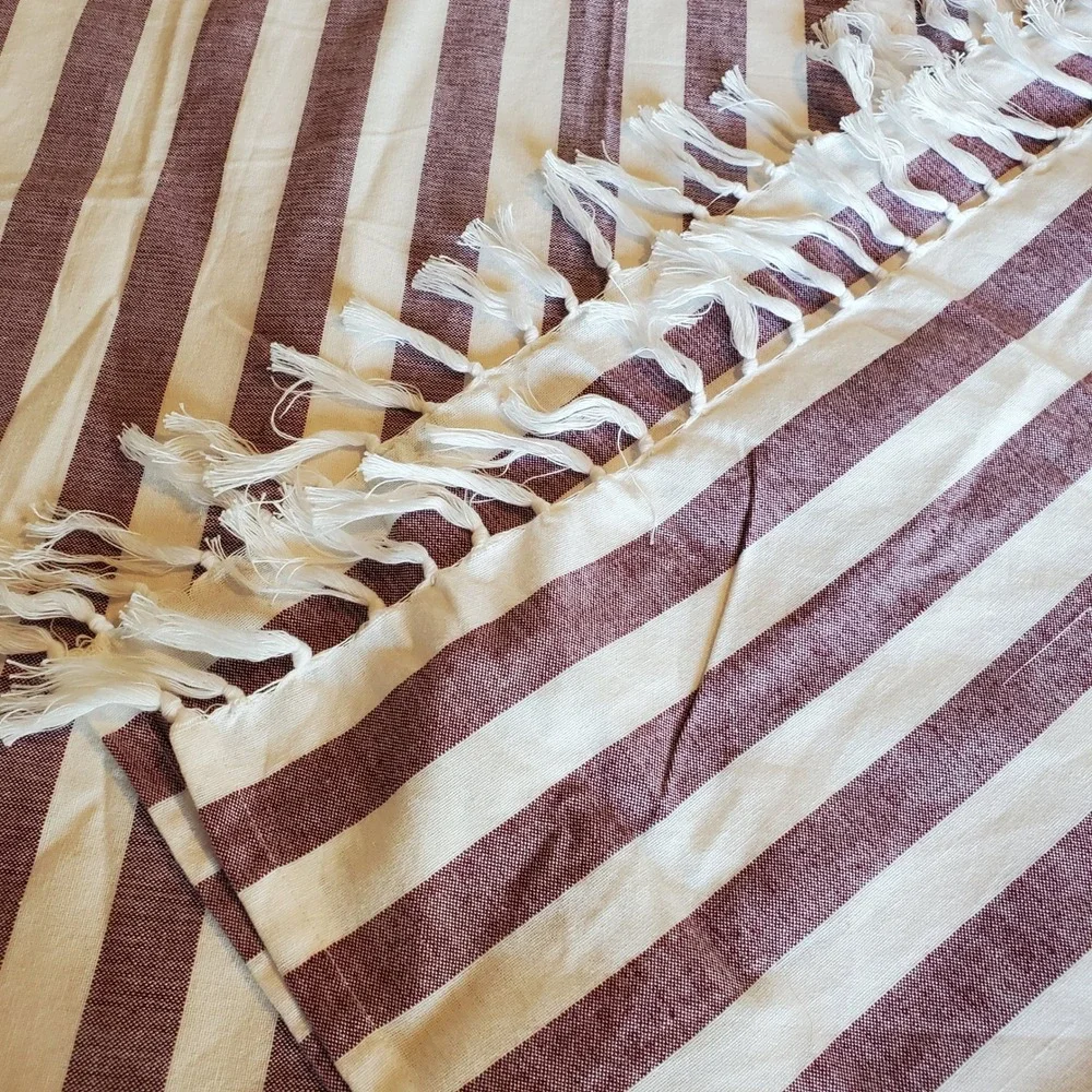 TRS Burgundy Cream Striped Cotton beachThrow Blanket/towel Tassel Fringe 50x66
